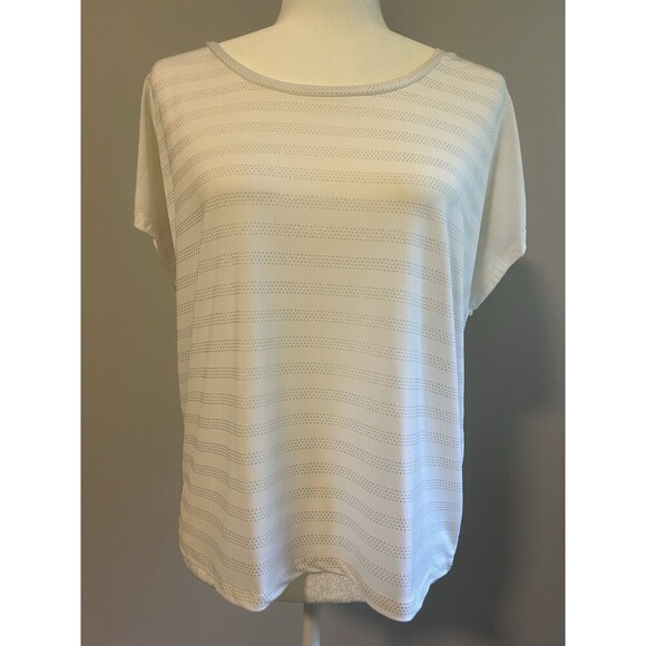 ELLEN TRACY Cream Short Sleeve Top with Textured Stripes Size Medium - Picture 1 of 8